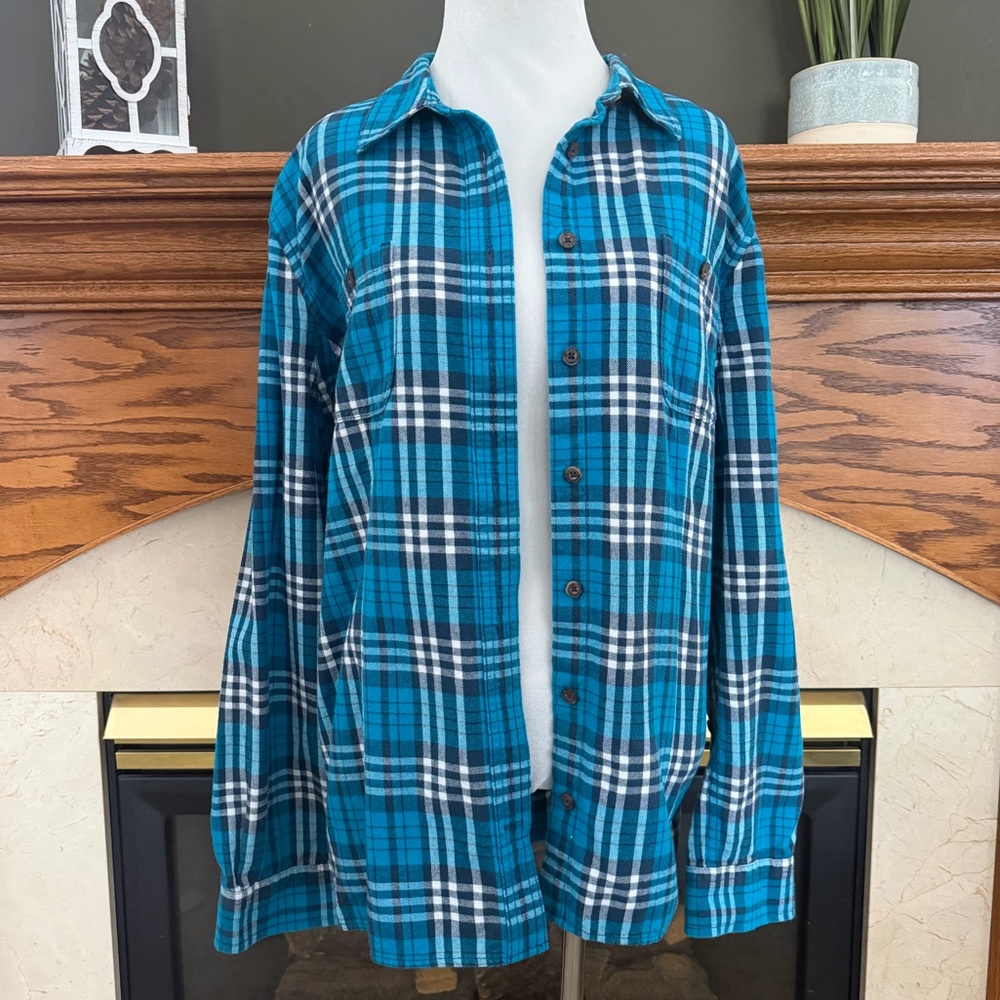 Duluth‎ Trading Co. Free Swingin' Flannel Turquoise Plaid Long Sleeve Shirt XL